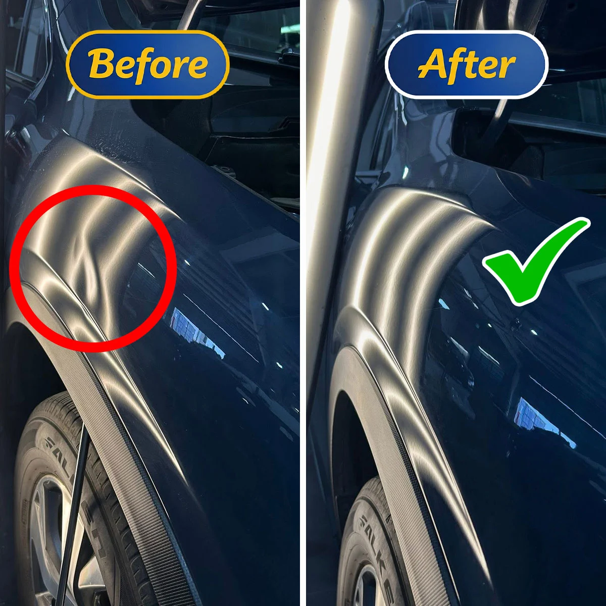 Before and after dent repair on a panel
